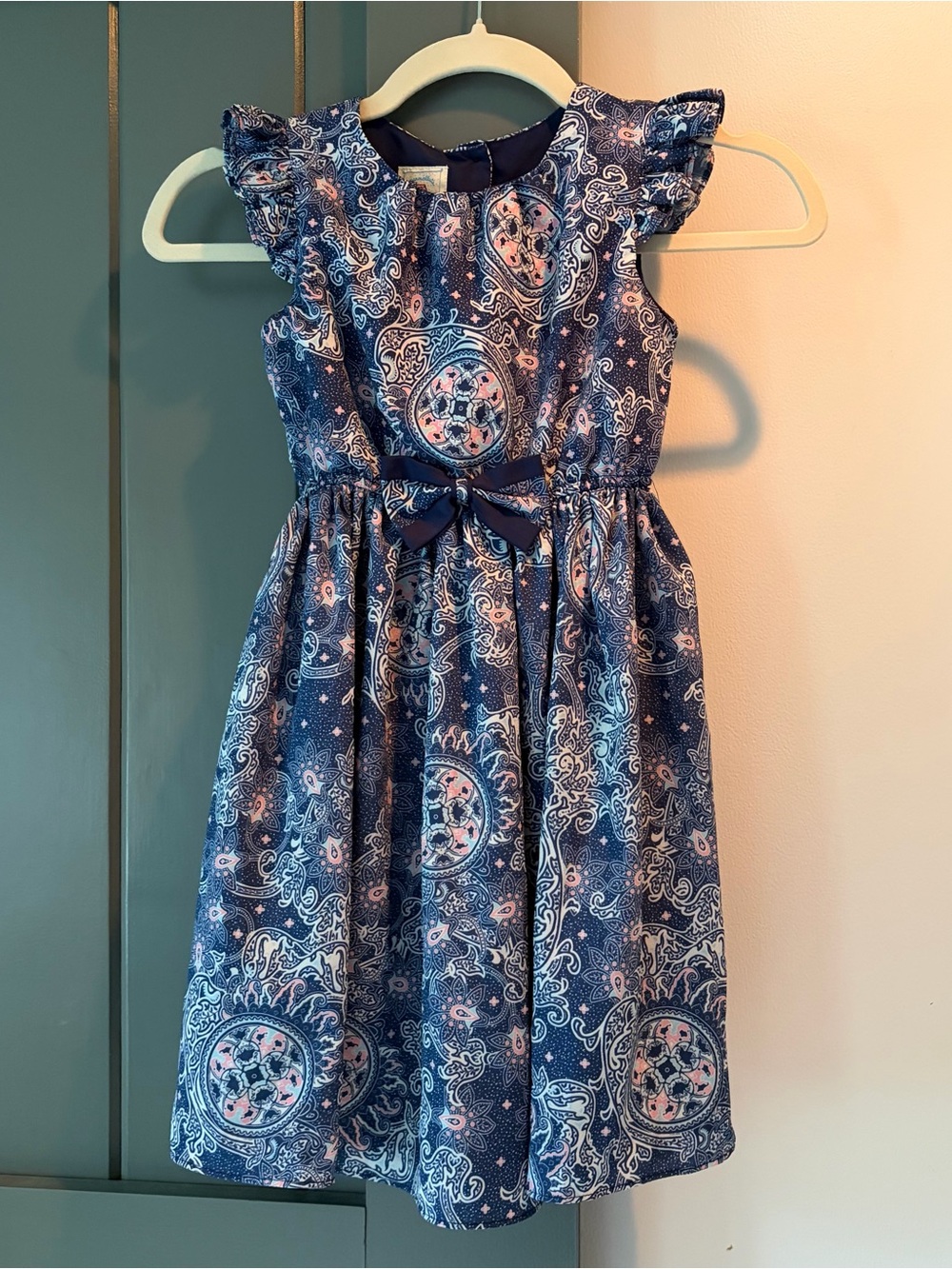 marmellata Navy and Pink Paisley Party Dress with Waist Bow